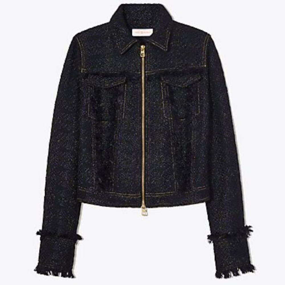 Tory Burch Black Bouclé Tweed Blazer Zip Lady Like Size 12 Fringe Detail Jacket - Picture 3 of 15